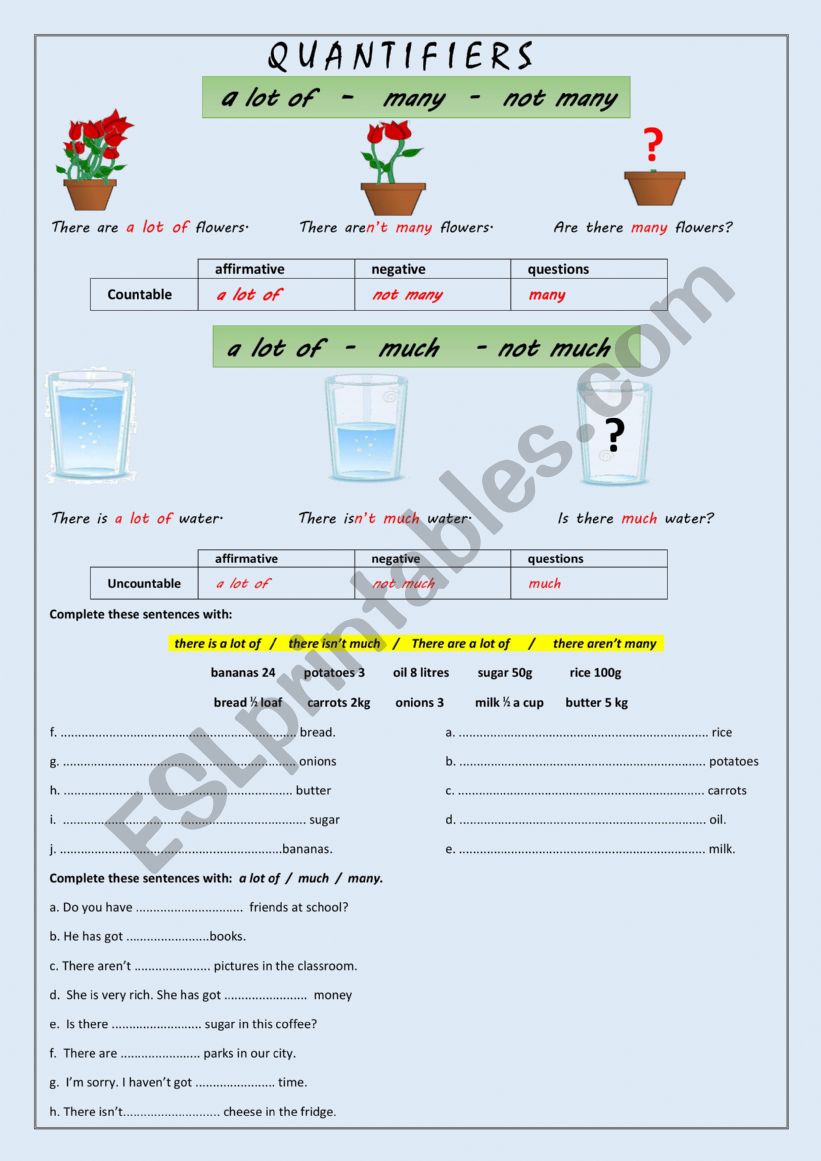 QUANTIFIERS : A LOT MUCH MANY worksheet