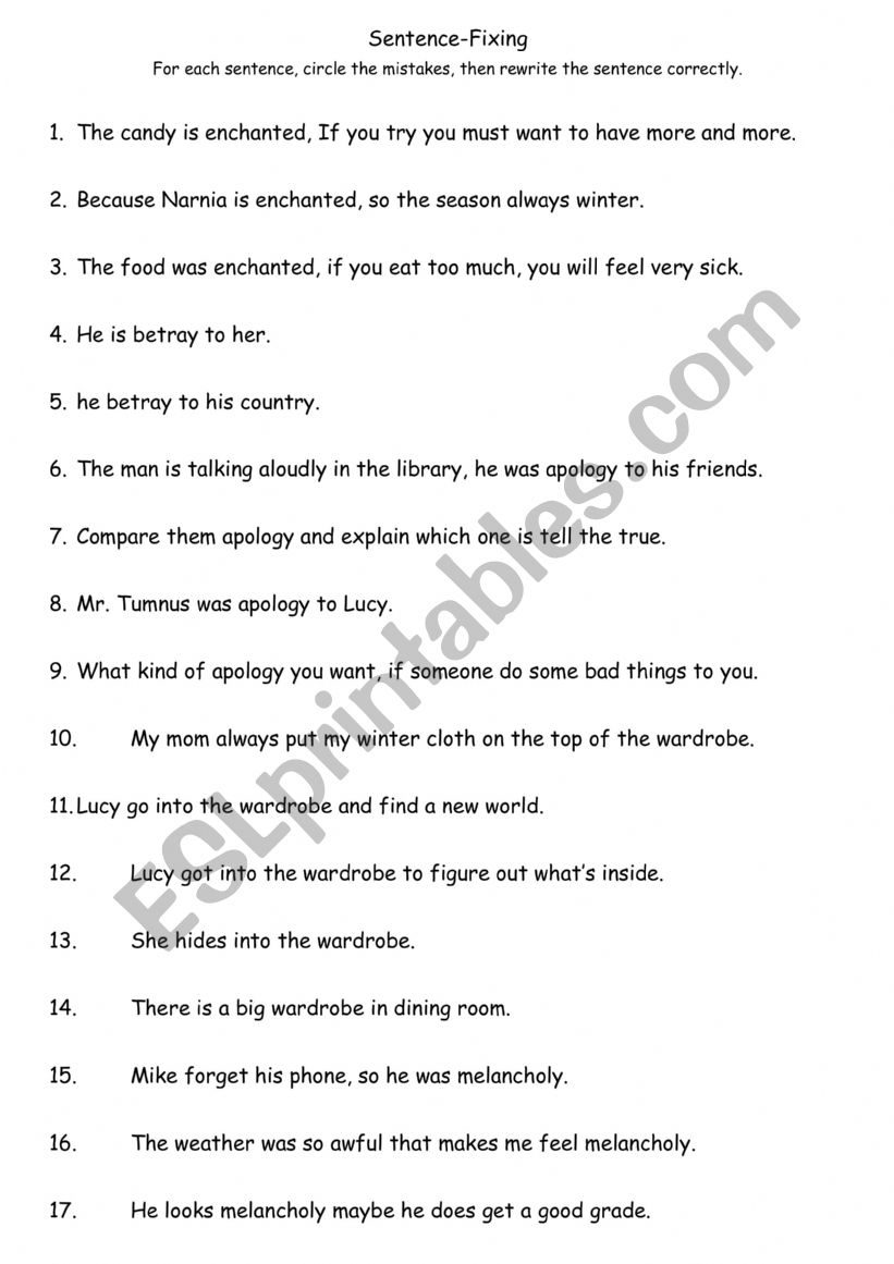 Sentence-Fixing worksheet