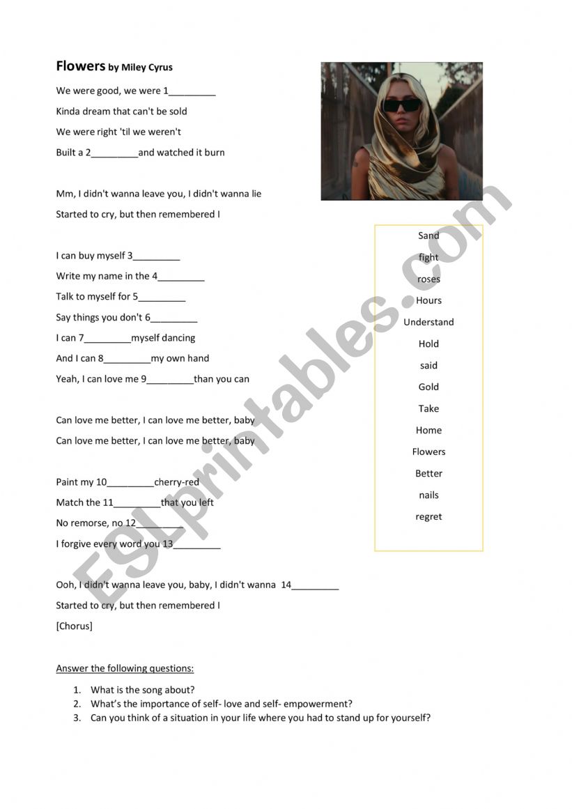 Flowers by Miley Cyrus worksheet