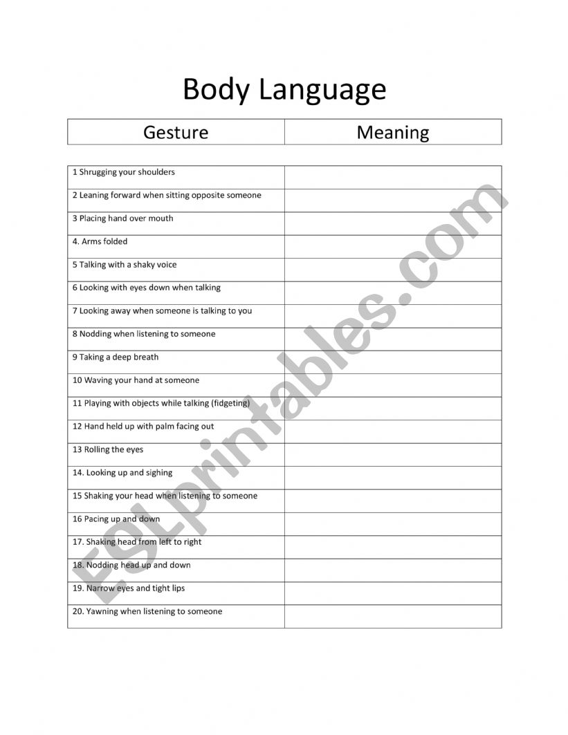Reading Body Language worksheet
