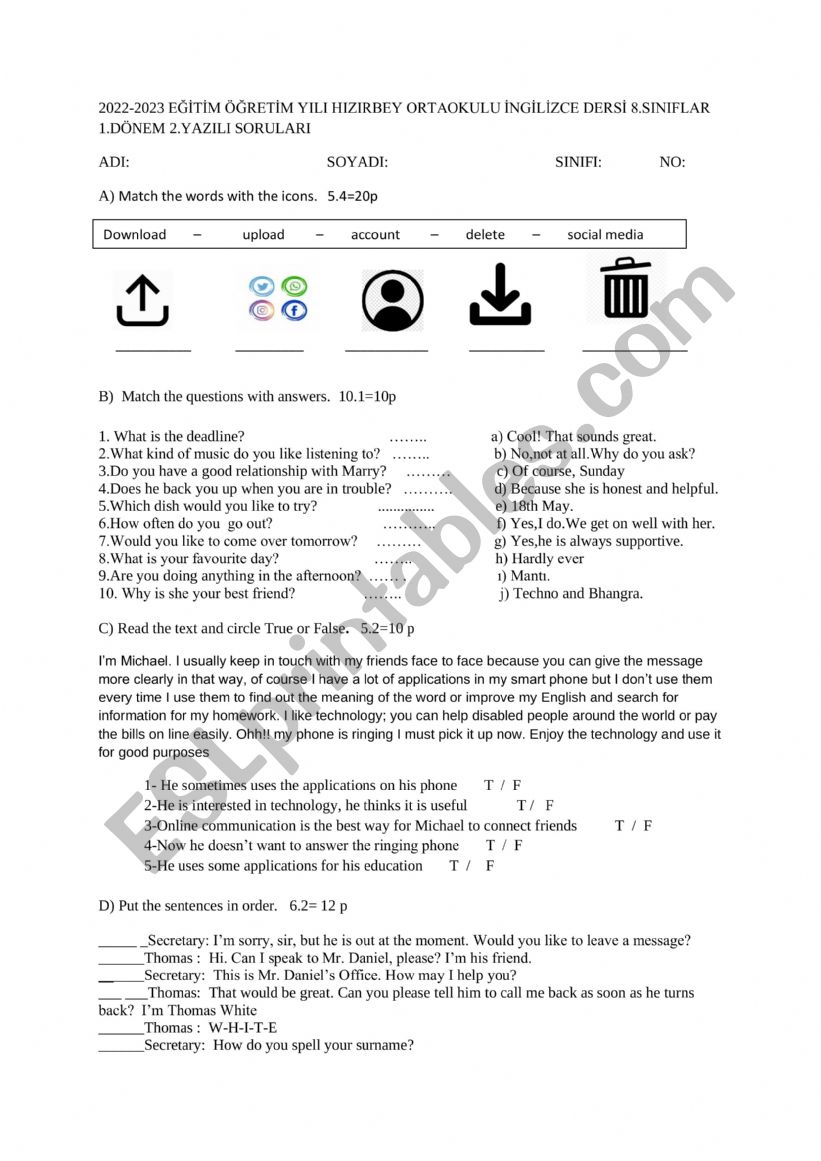 8 th grade 1st exam worksheet