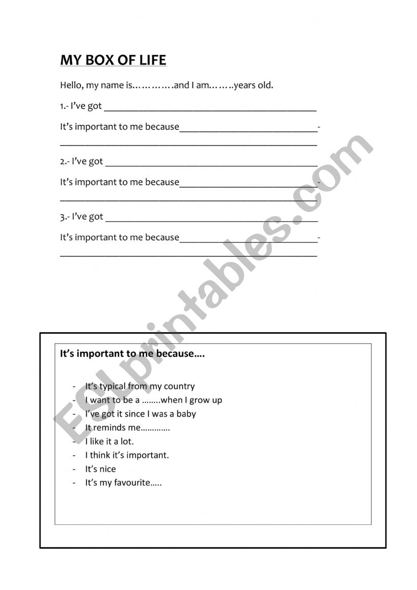 My box of life worksheet