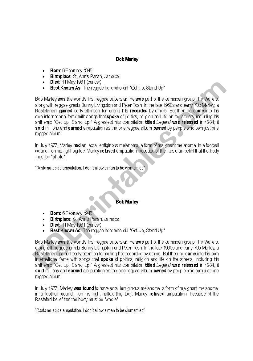 bob marley biography worksheet