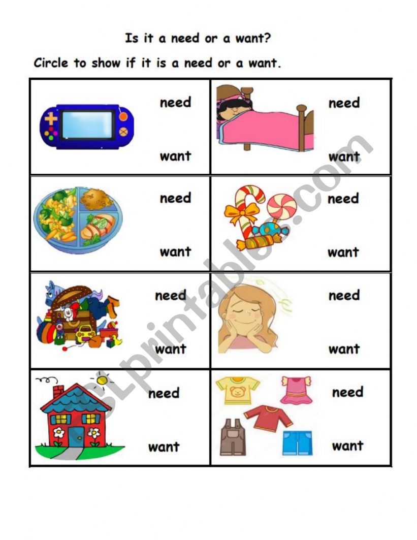 Needs And Wants ESL Worksheet By Kasharnie