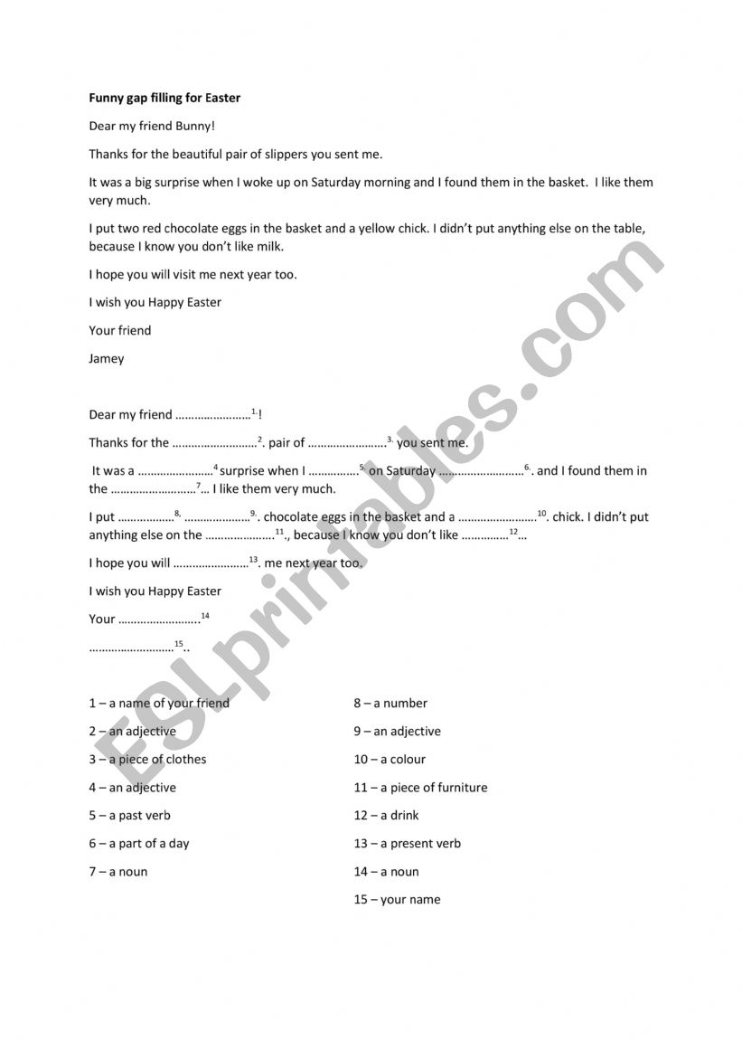 Funny gap filling for Easter worksheet