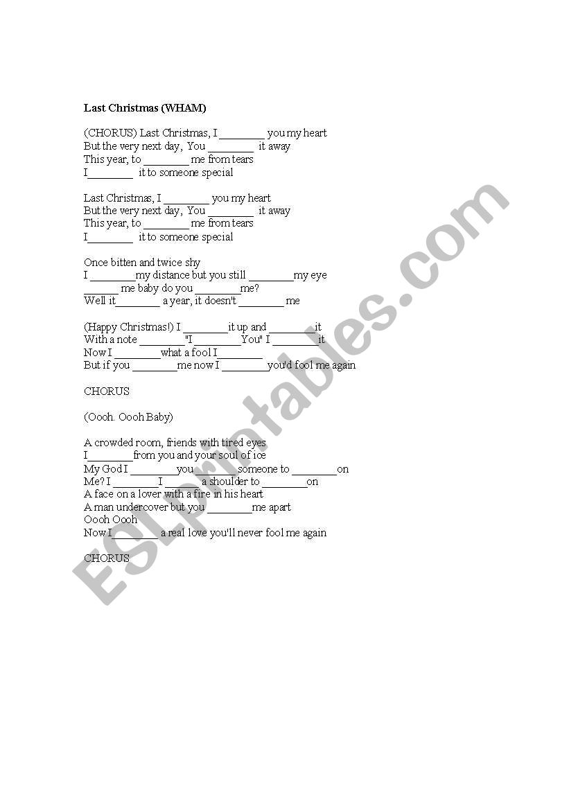 Last Christmas by Wham worksheet