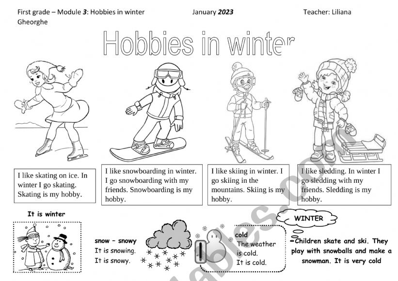 Hobbies in winter worksheet