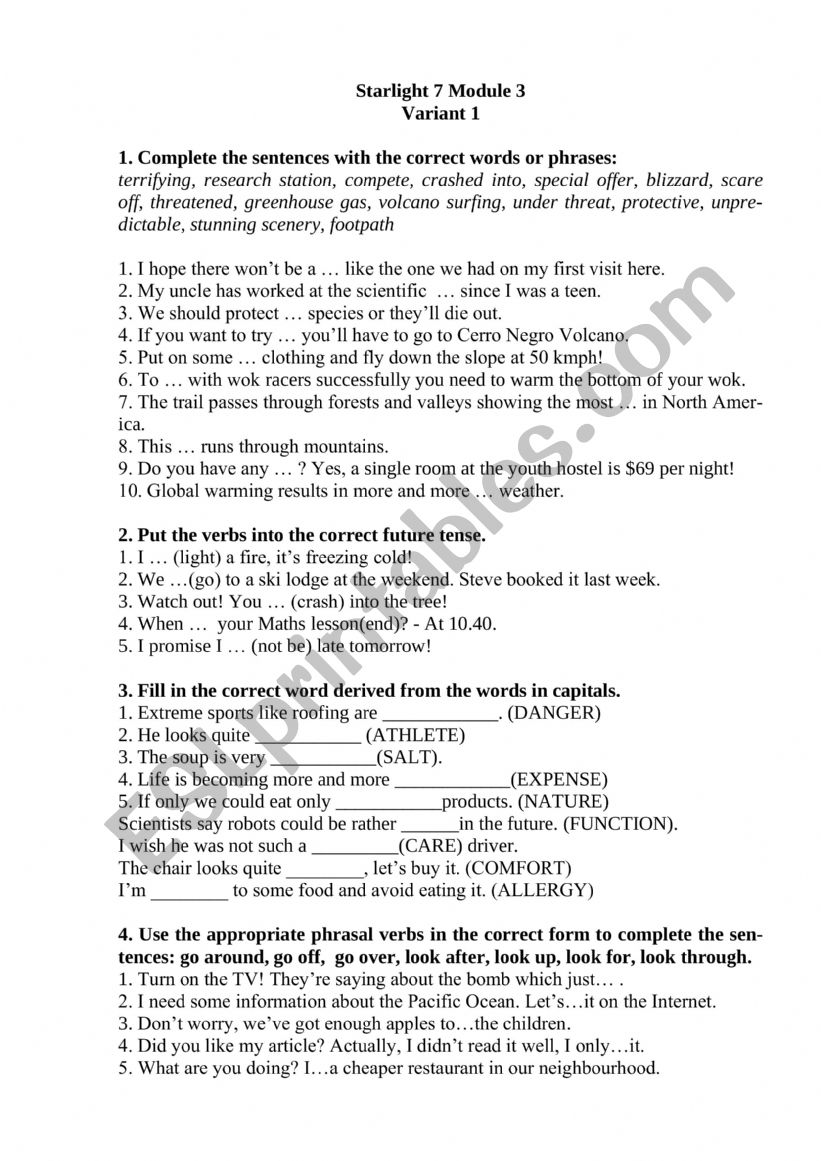 Starlight 7 Module 3 Test worksheet