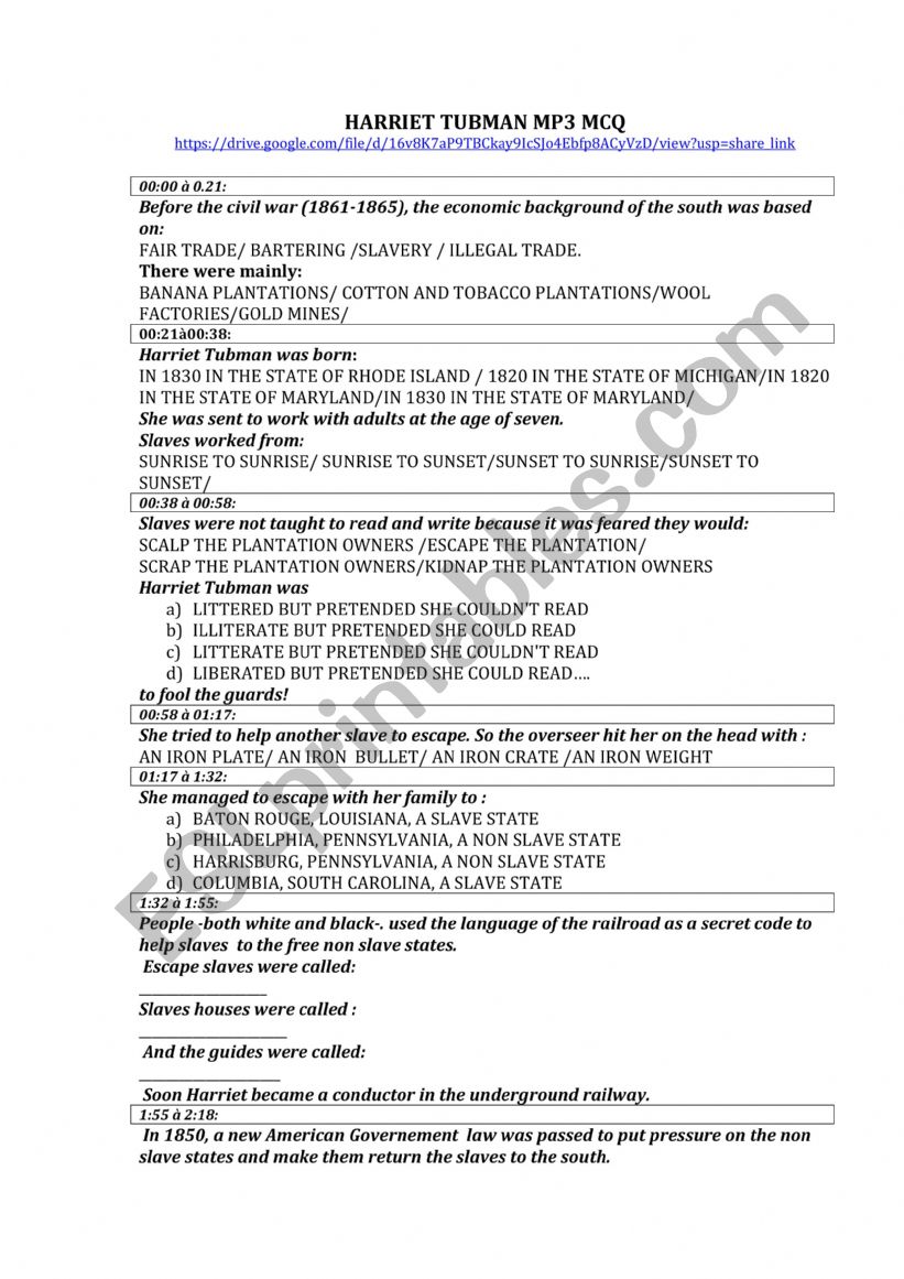 Harriet Tubman Biography MP3 MCQ