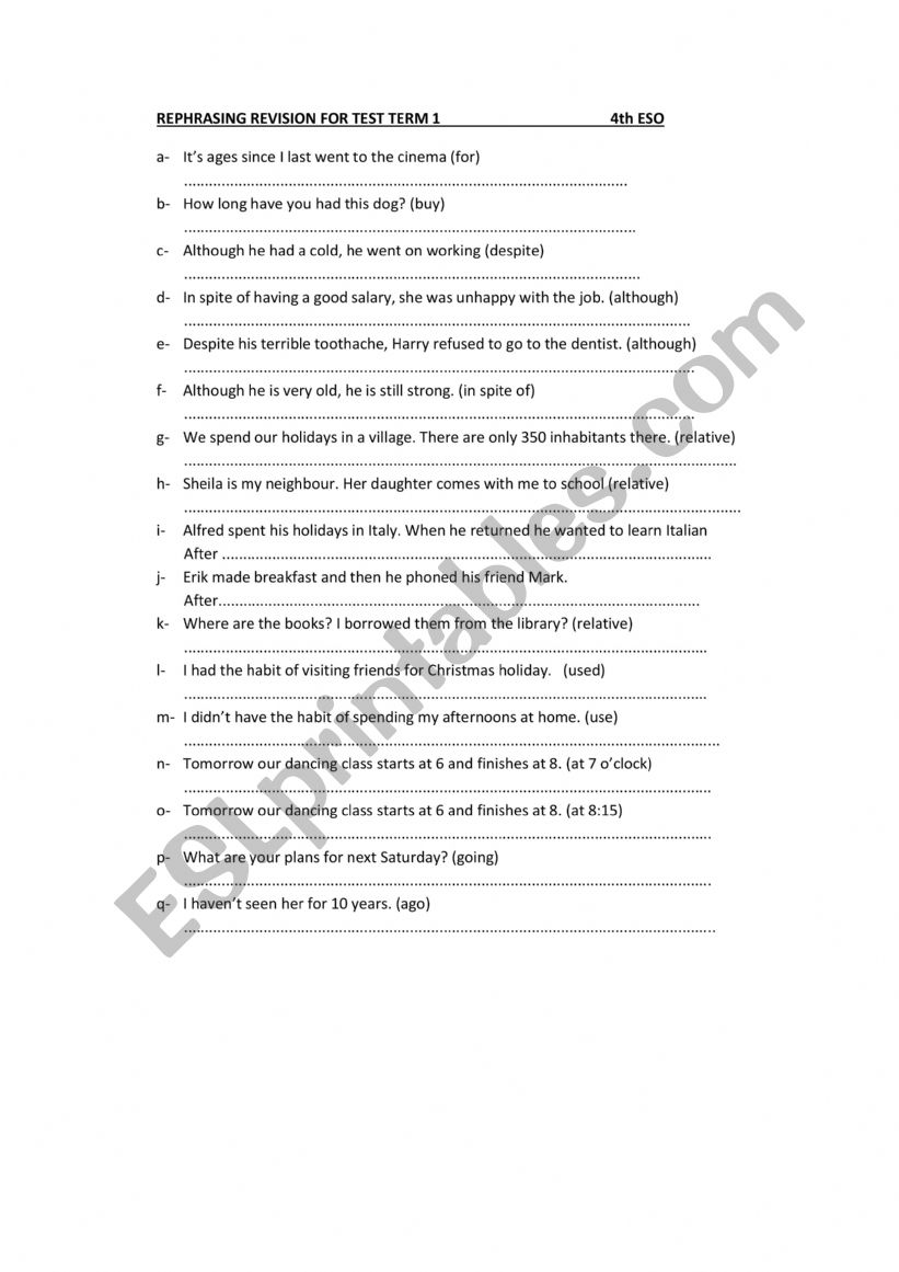 REPHRASING B2 LEVEL worksheet