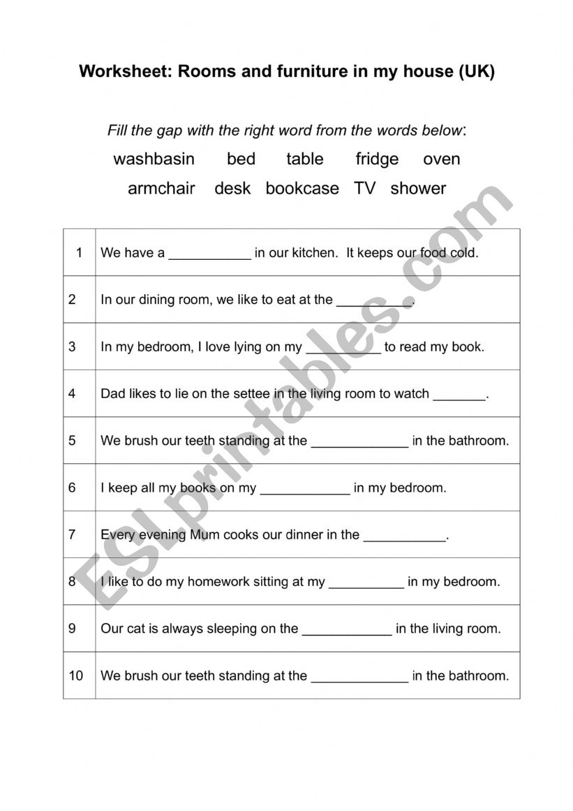 Rooms and Furniture Gapfill Worksheet