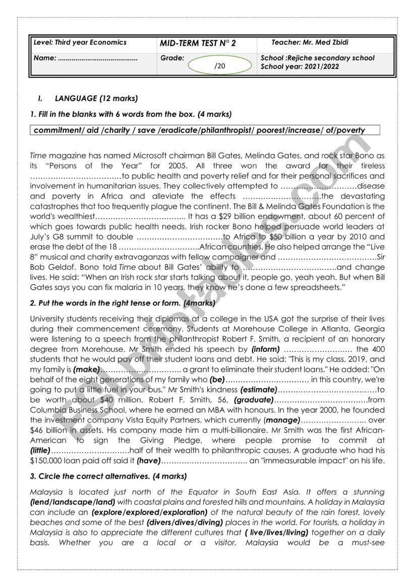 Mid Term test n 2 (3rd form) worksheet