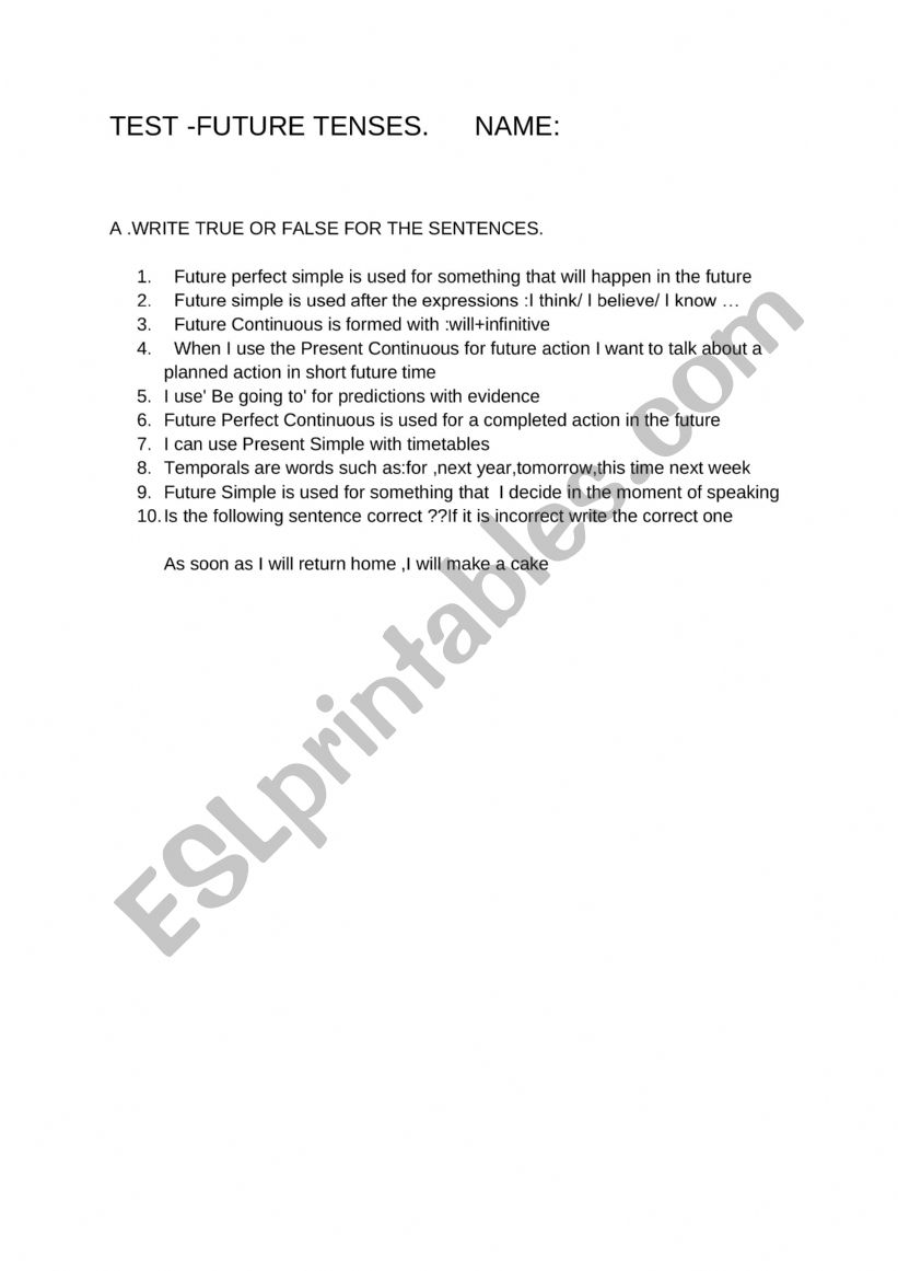FUTURE TENSES QUIZZ worksheet
