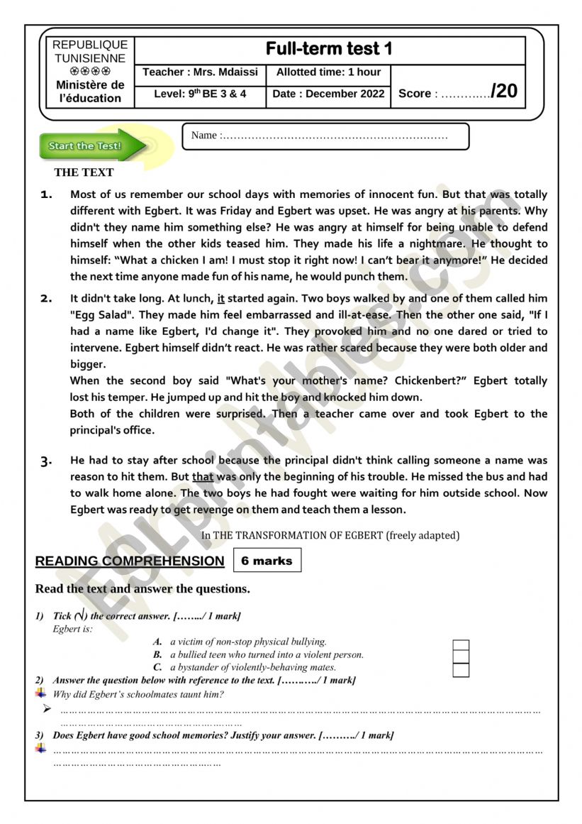 mid term test  worksheet