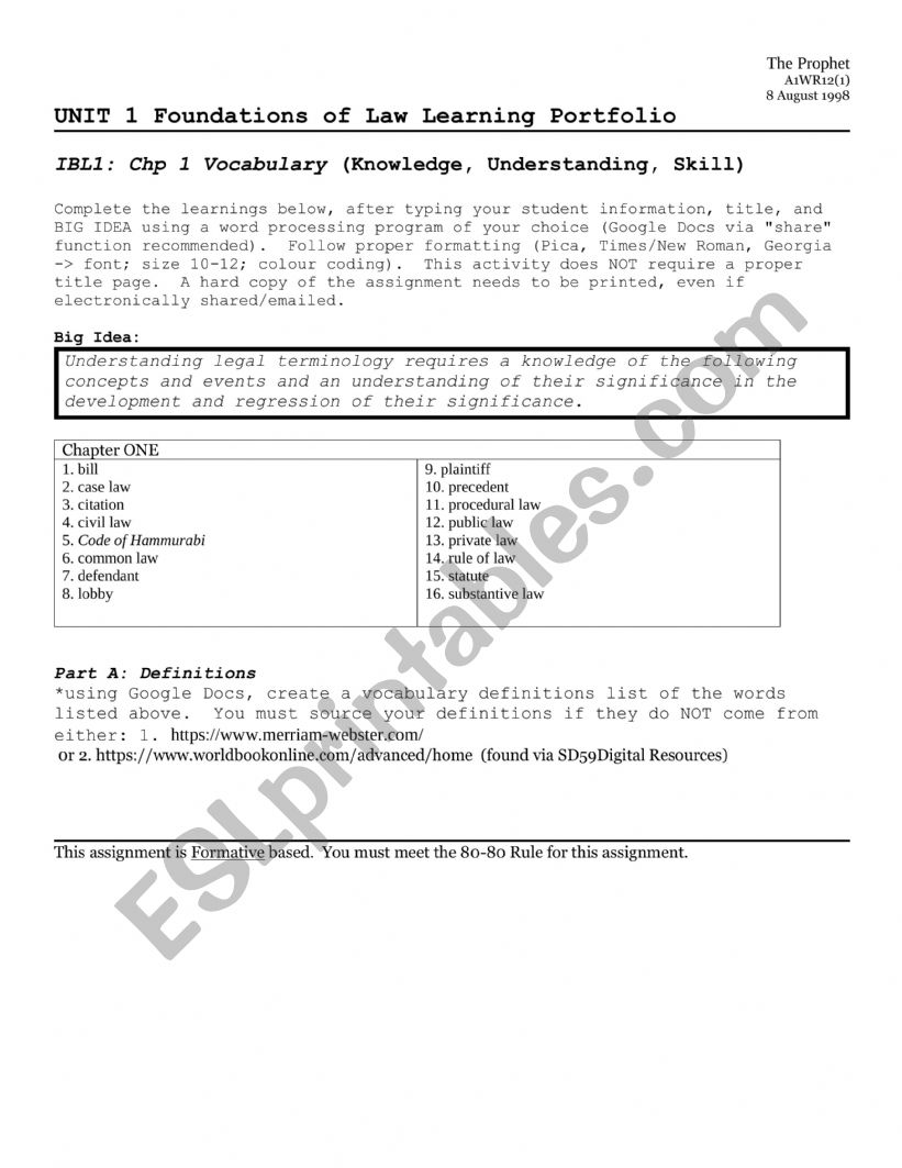 Law Vocabulary worksheet