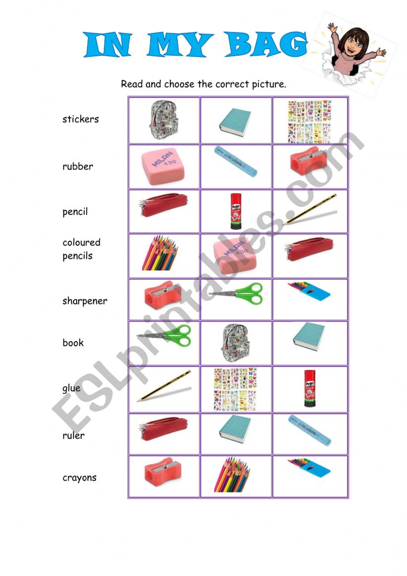 In my bag worksheet