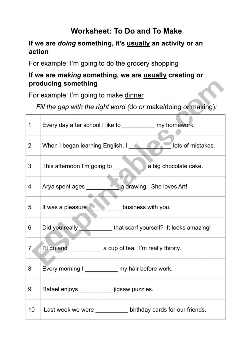 to make / to do fill-the-gap worksheet with answers