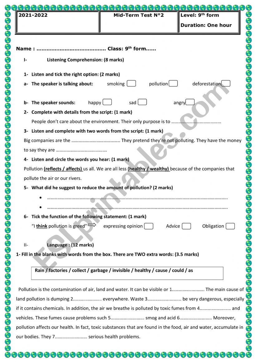 Mid-term test 2  worksheet