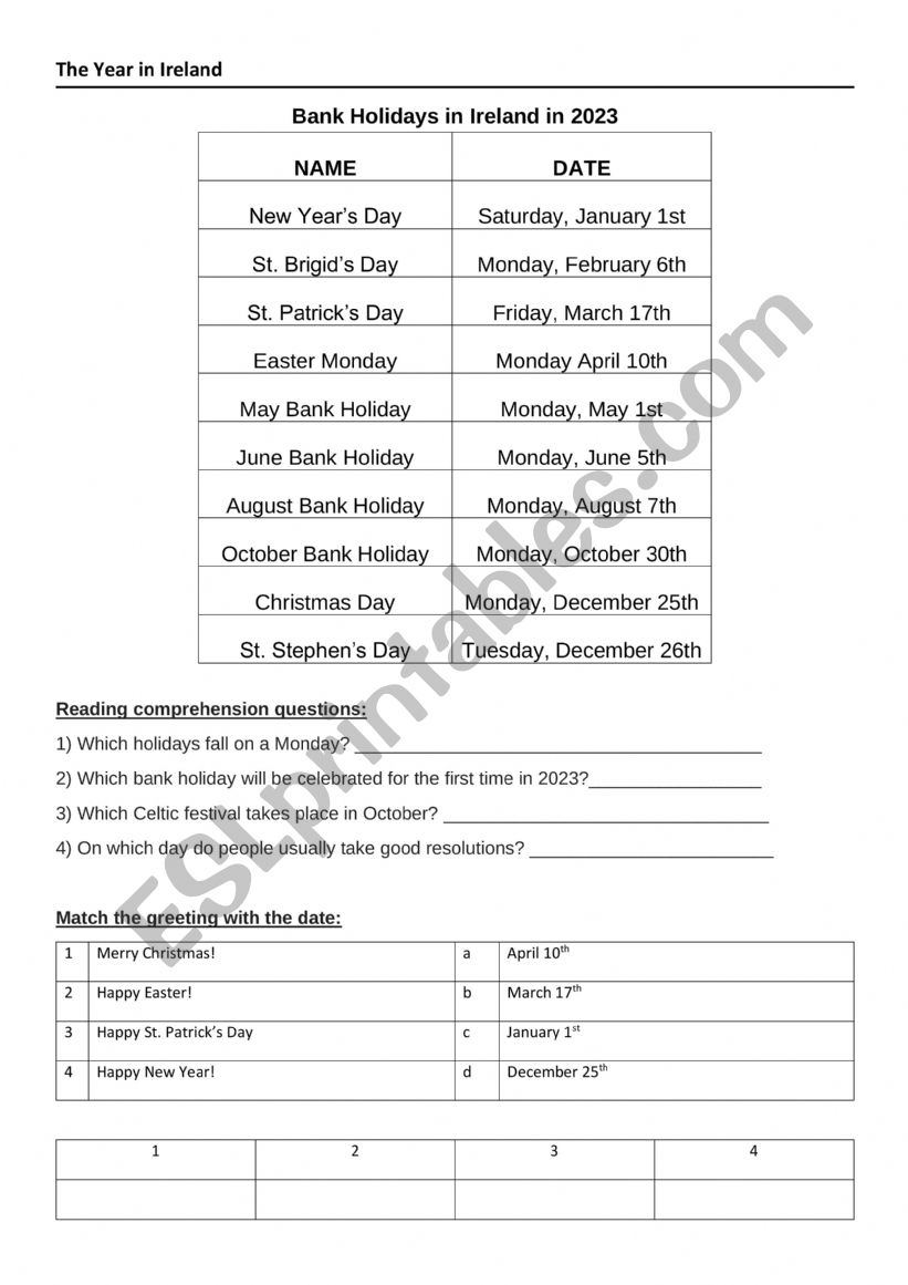 Bank Holidays in Ireland 2023 worksheet