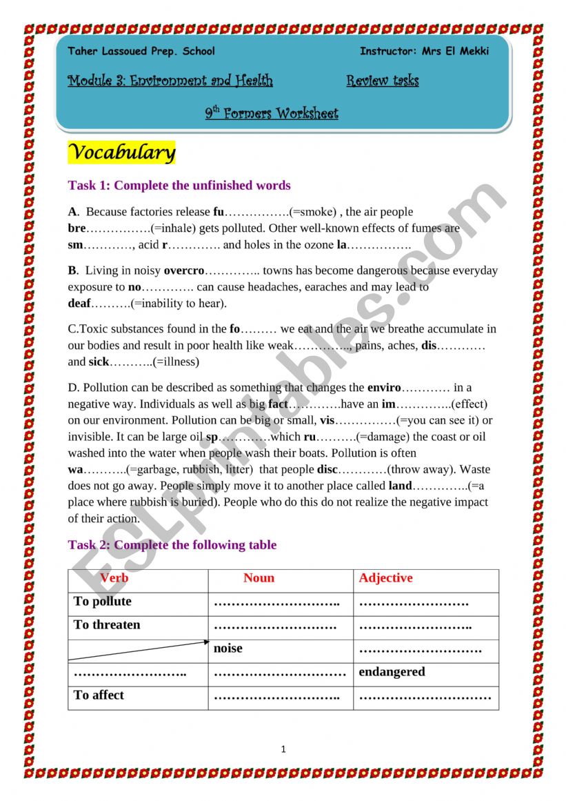 9th form consolidation tasks worksheet