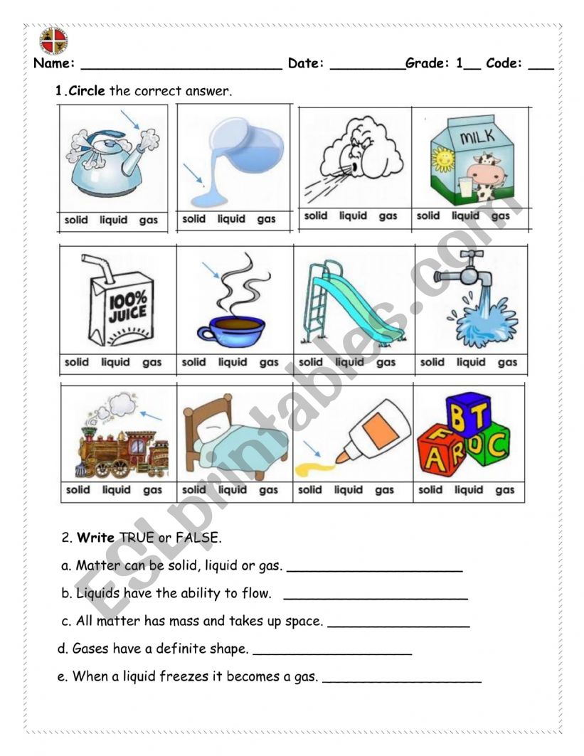 STATES OF MATTER worksheet