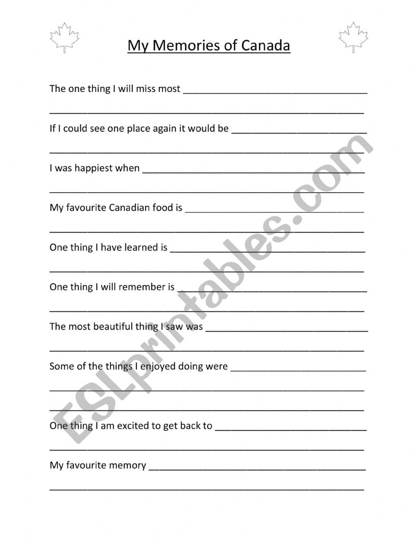 My Memories of Canada worksheet