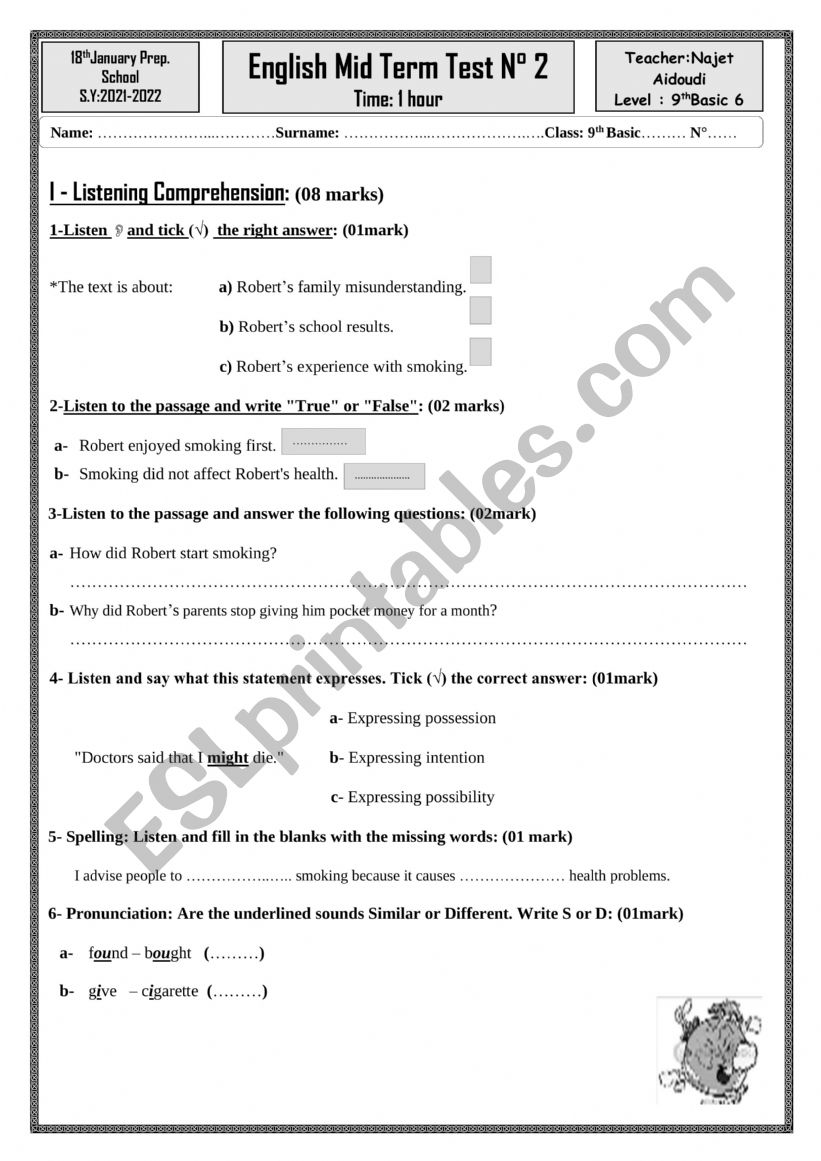 Mid term test02.9th form worksheet