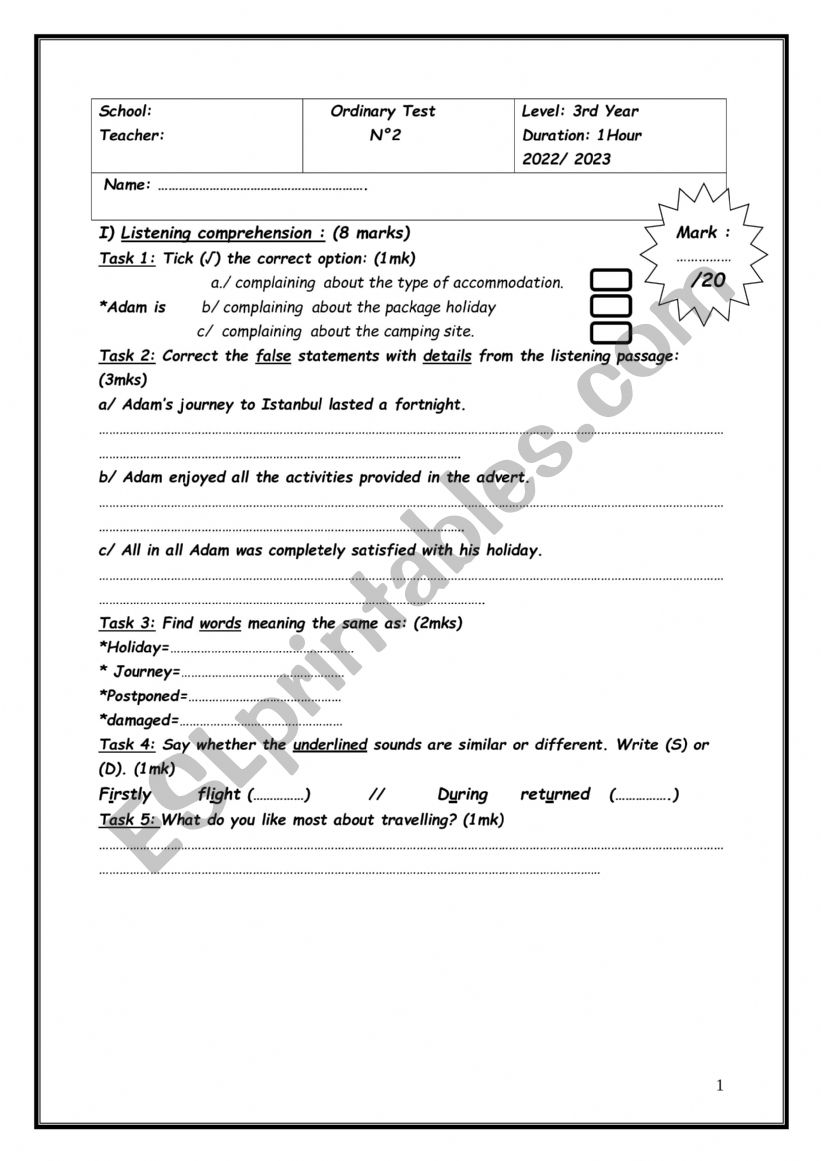 Mid Term Test 3rd Year  worksheet