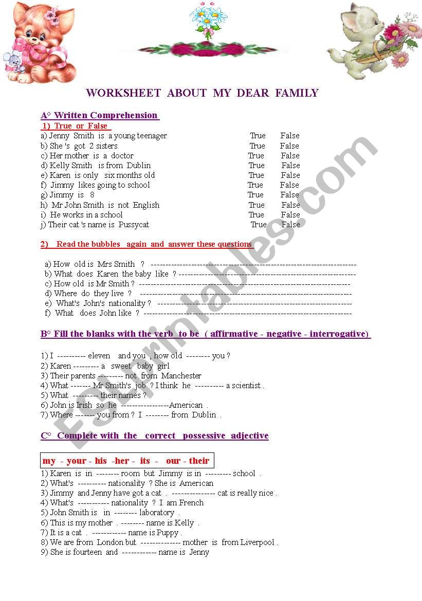 My dear family : second part of the worksheet : easy wrtiten comprehension for beginners 