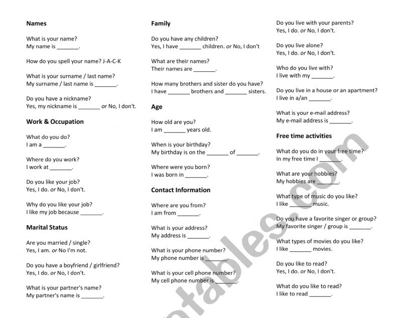 Interview worksheet