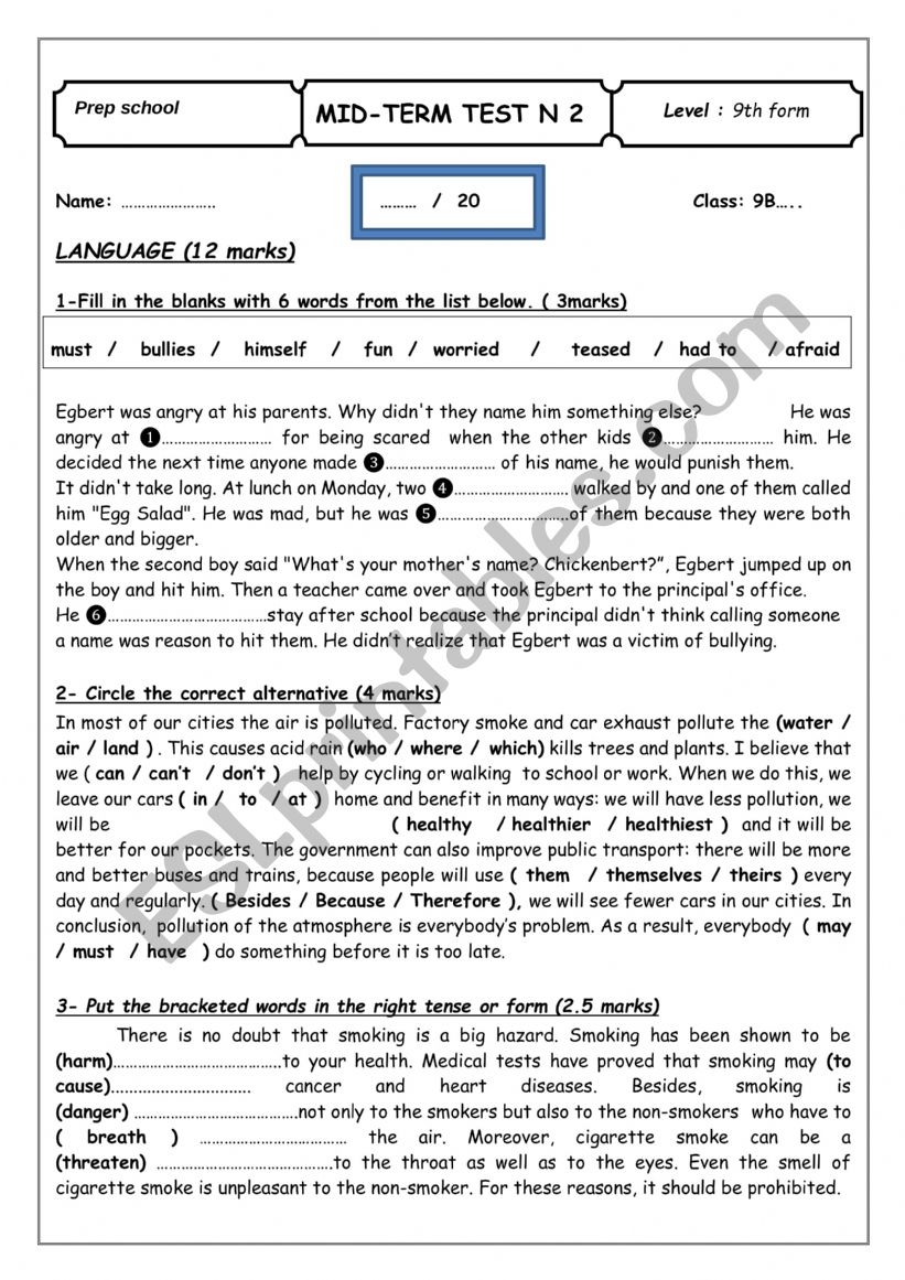 9TH FORM MID TERM TEST 2 worksheet