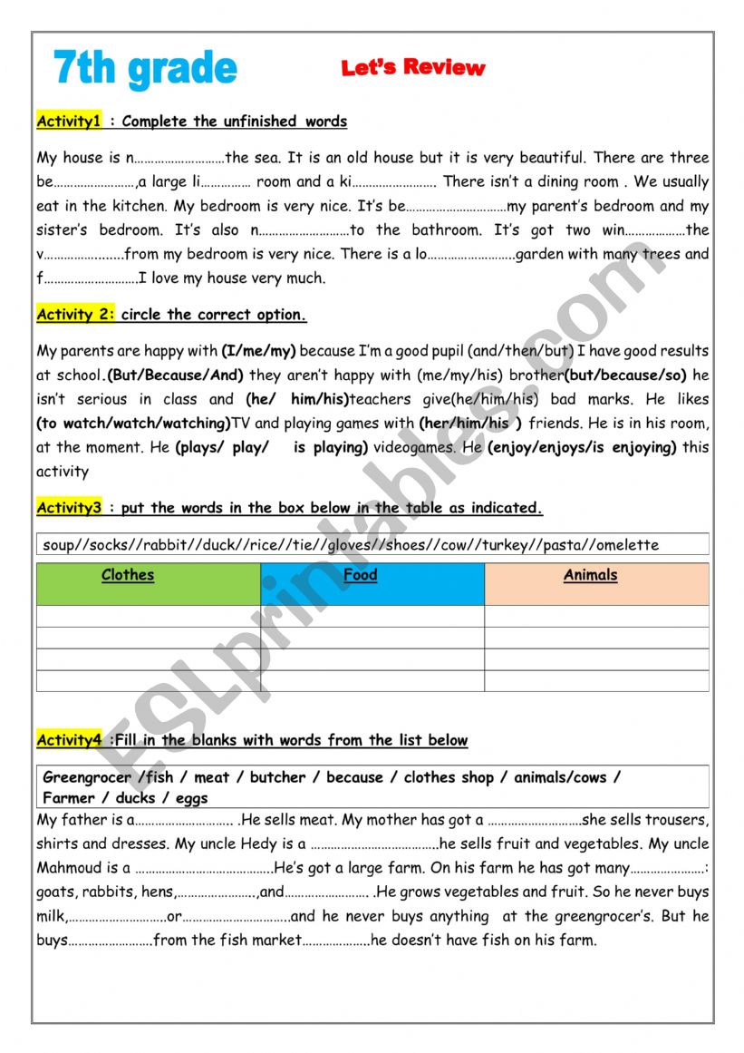 7th form review ( module 3) worksheet