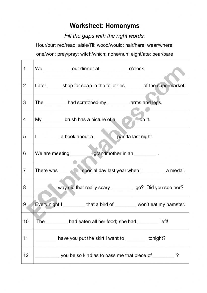 Fill-the-Gap Worksheet on Homonyms (with answer key) 