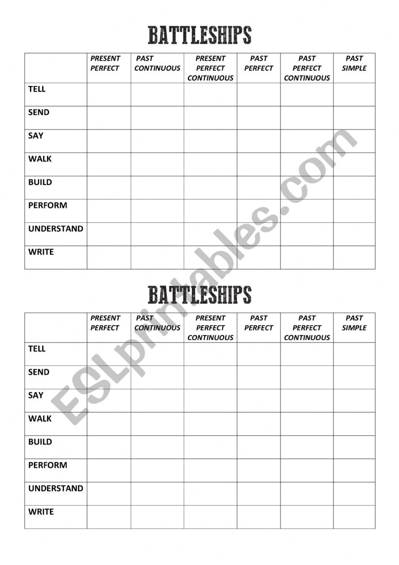 PRESENT PERFECT BATTLESHIP worksheet