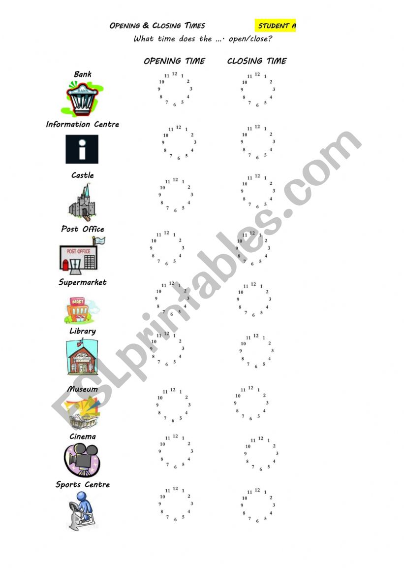 Opening and closing times worksheet