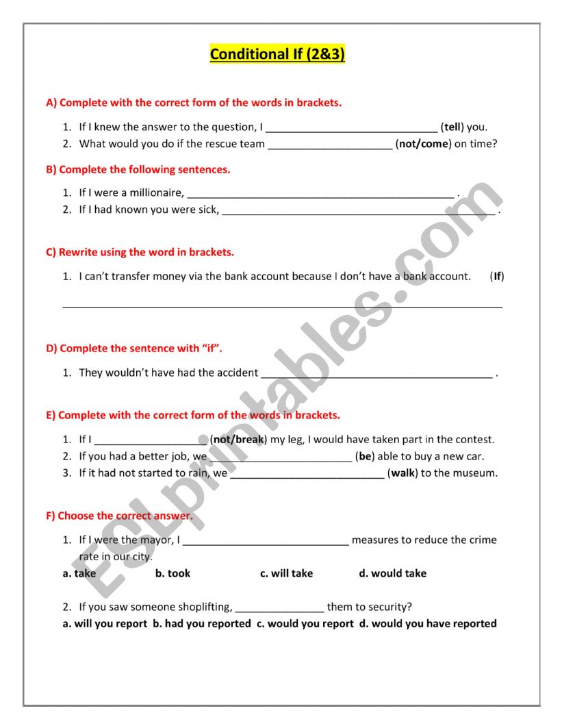 If conditionals Types 2& 3 worksheet