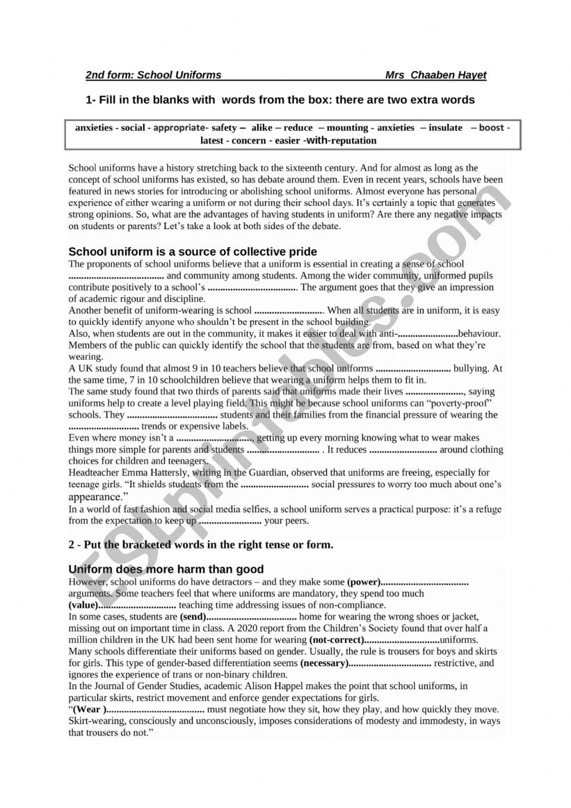  2nd form :School Uniforms worksheet