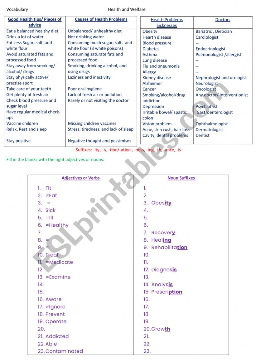 Health and welfare vocabulary worksheet