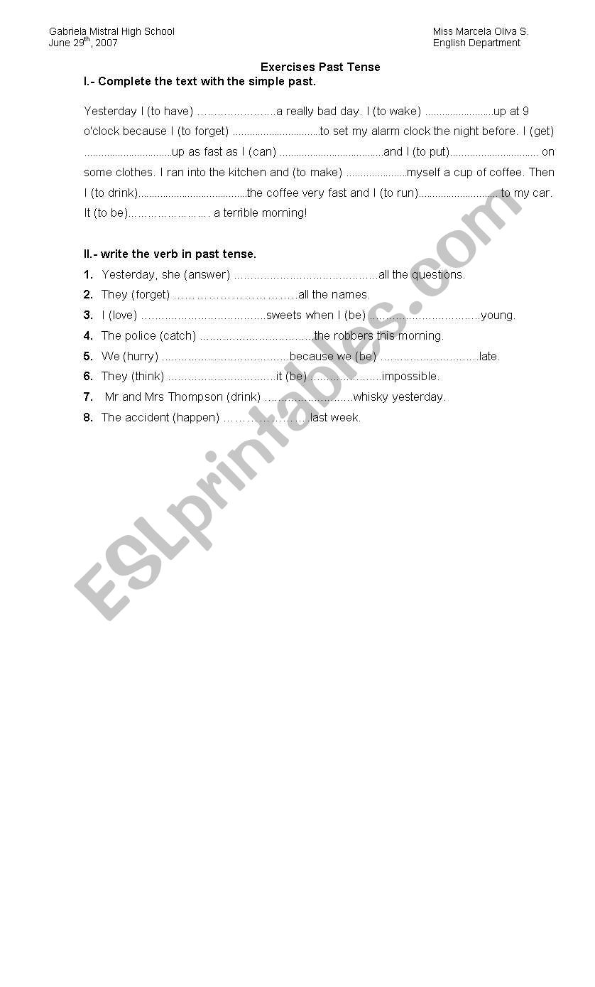 verbs in past worksheet