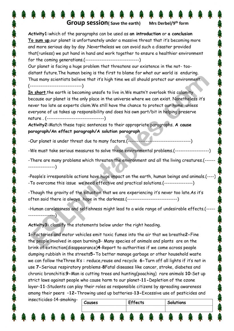 Save the earth group session worksheet