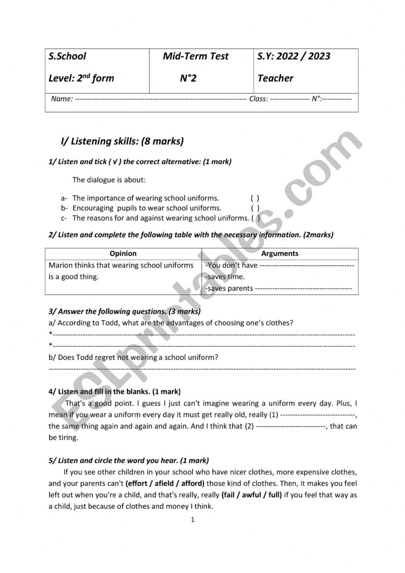 Second form mid term 2 worksheet