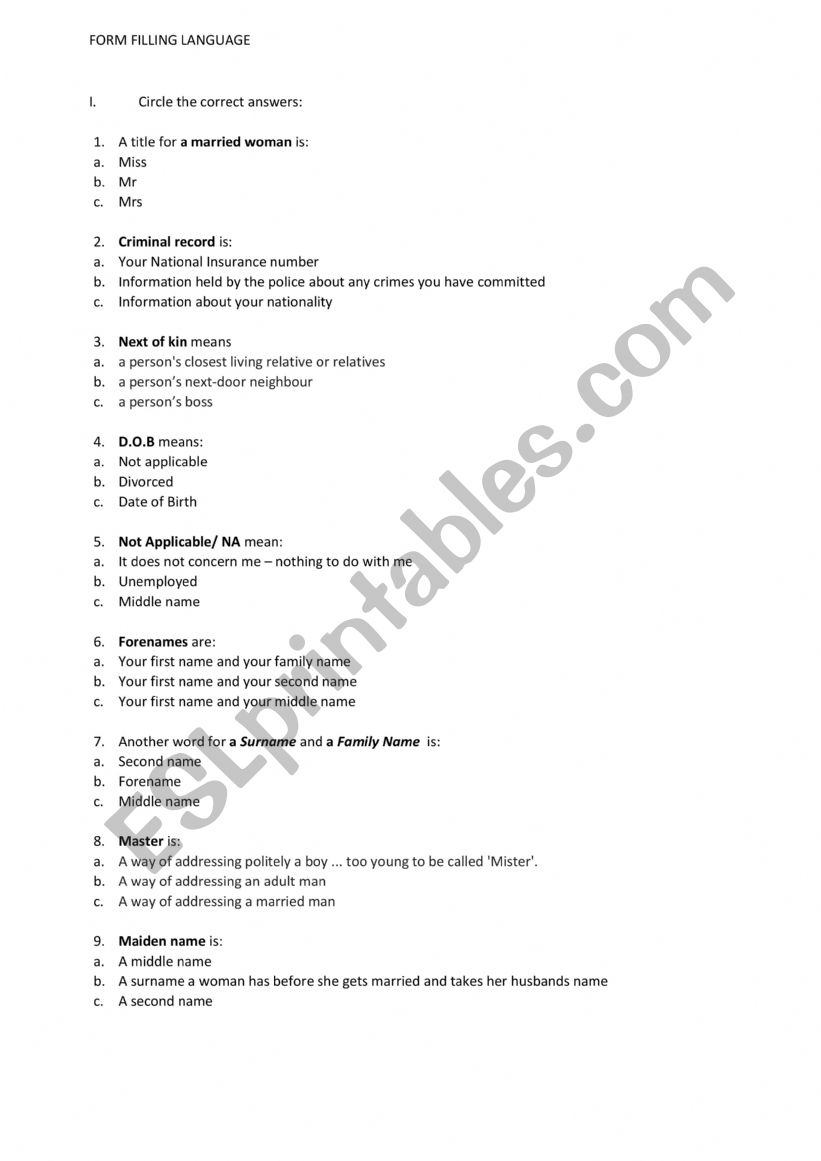 Form Filling language  and instructions 
