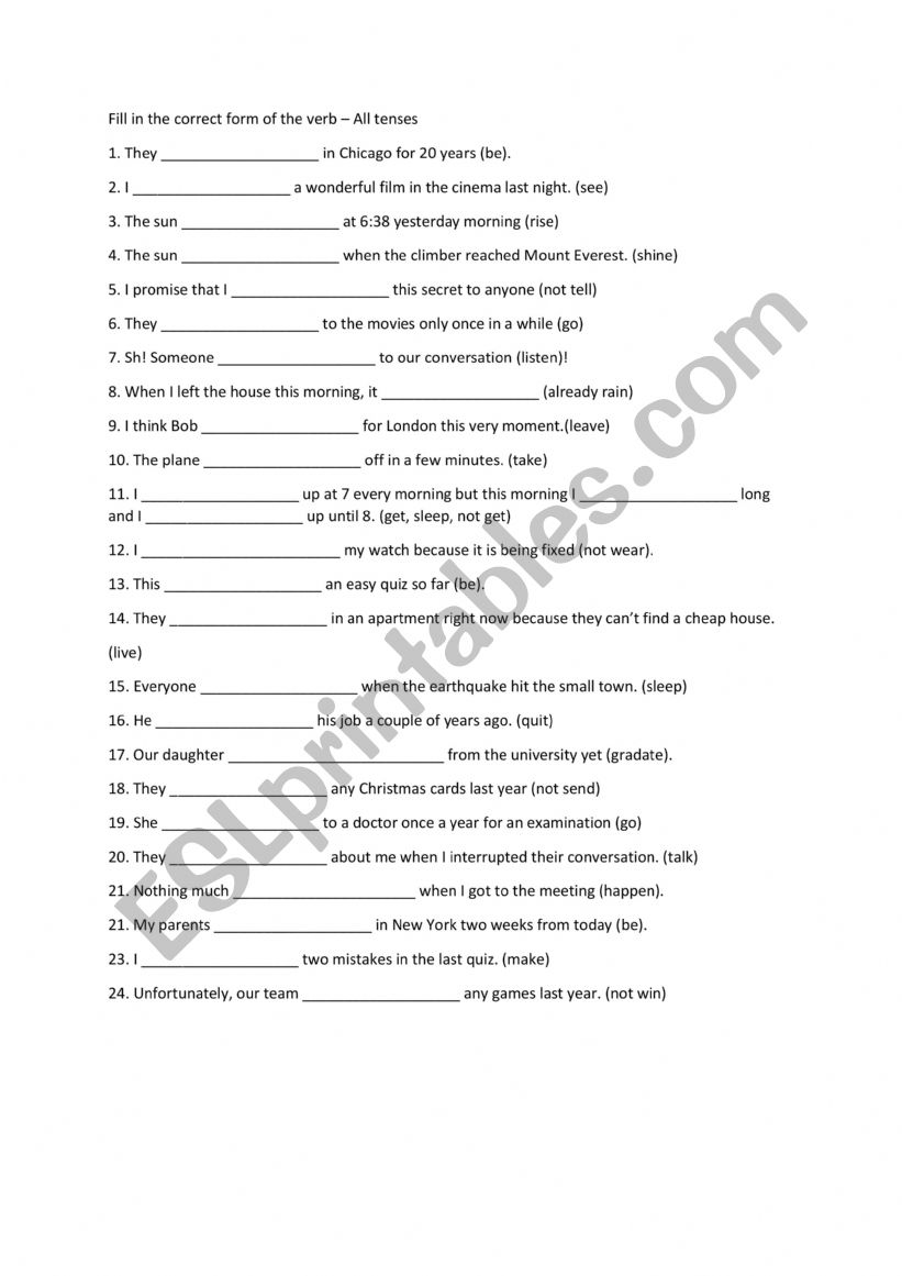 All tenses E8 worksheet