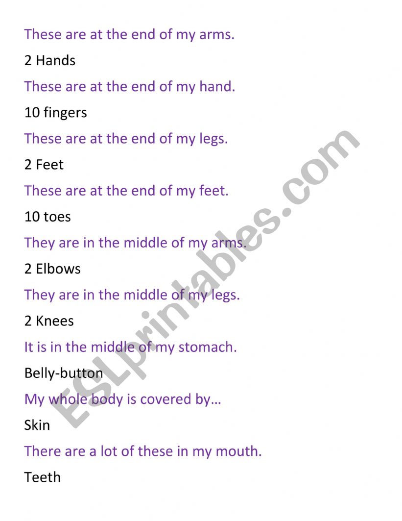 Body parts matching worksheet