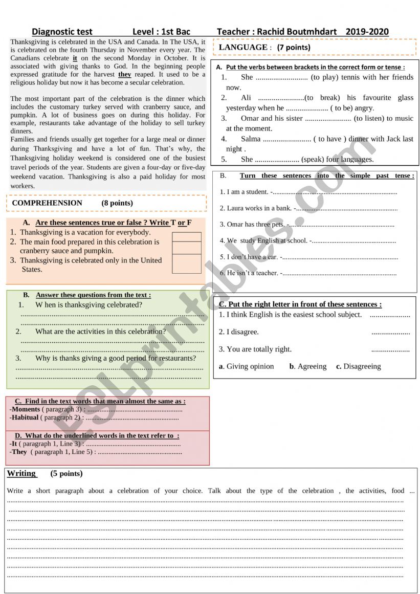 Moroccan 1st Bac Students: Diagnostic test