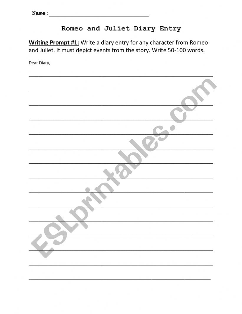 Romeo & Juliet Diary Entry worksheet