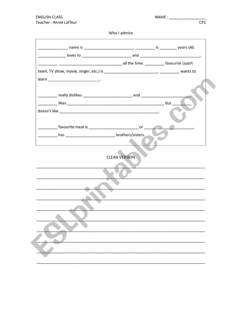 Who I admire worksheet