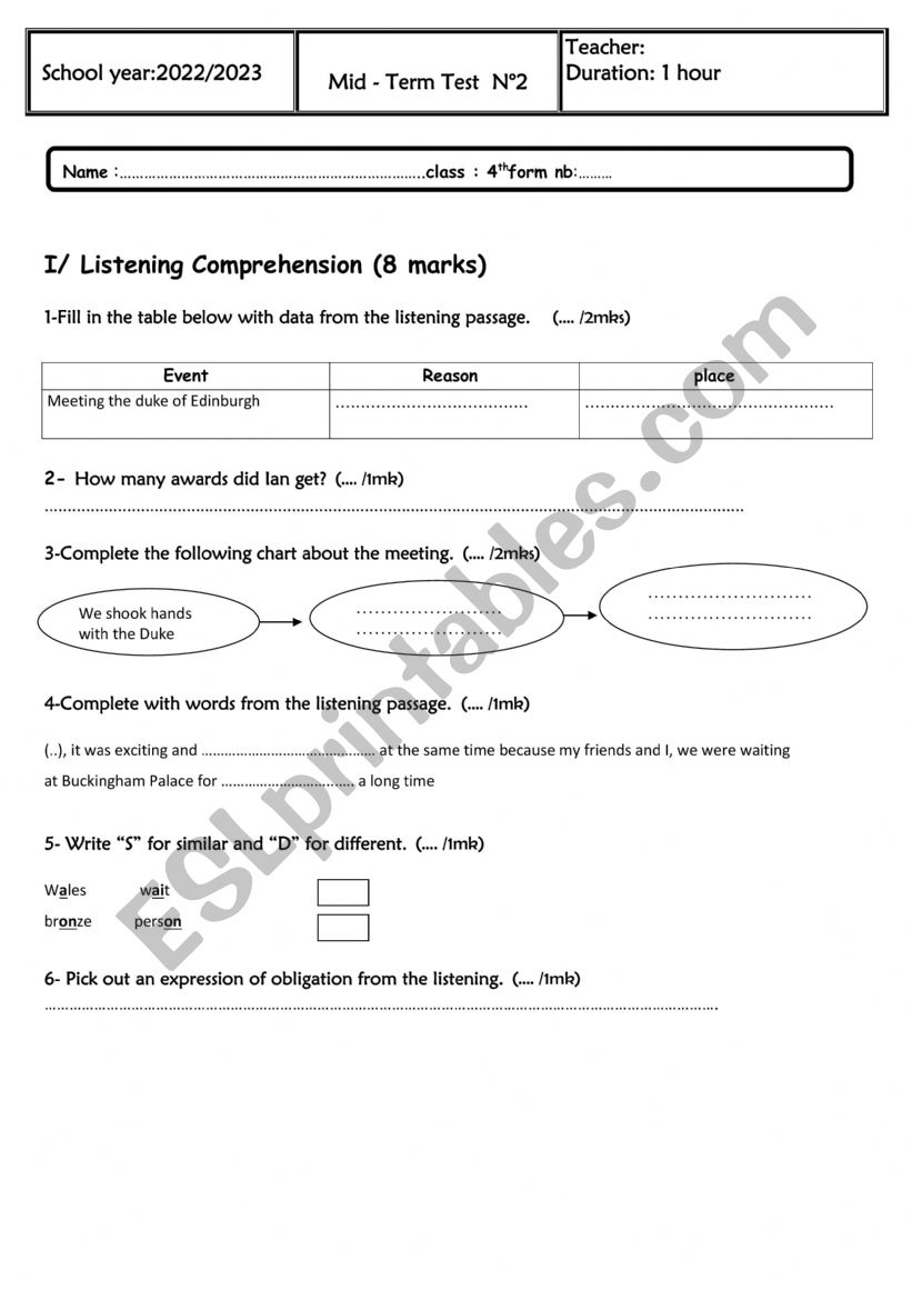 bac mid term test 2 worksheet