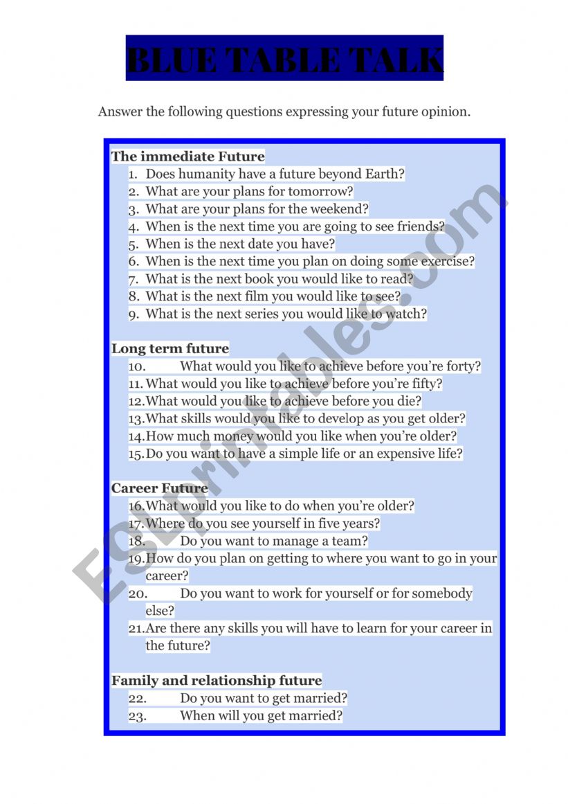BLUE TABLE TALK worksheet