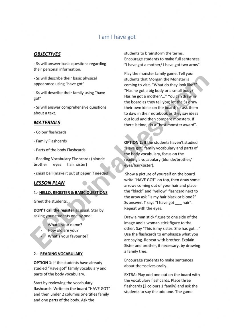 I am I have Got reading comprehension lesson plan